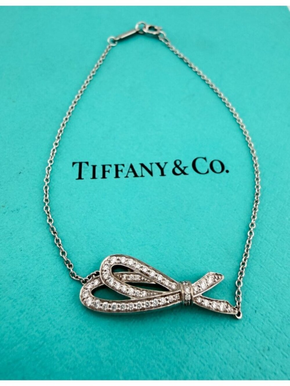 Tiffany & Co. 18k Pave Diamond Bow Chain Bracelet 7in White Gold Retired